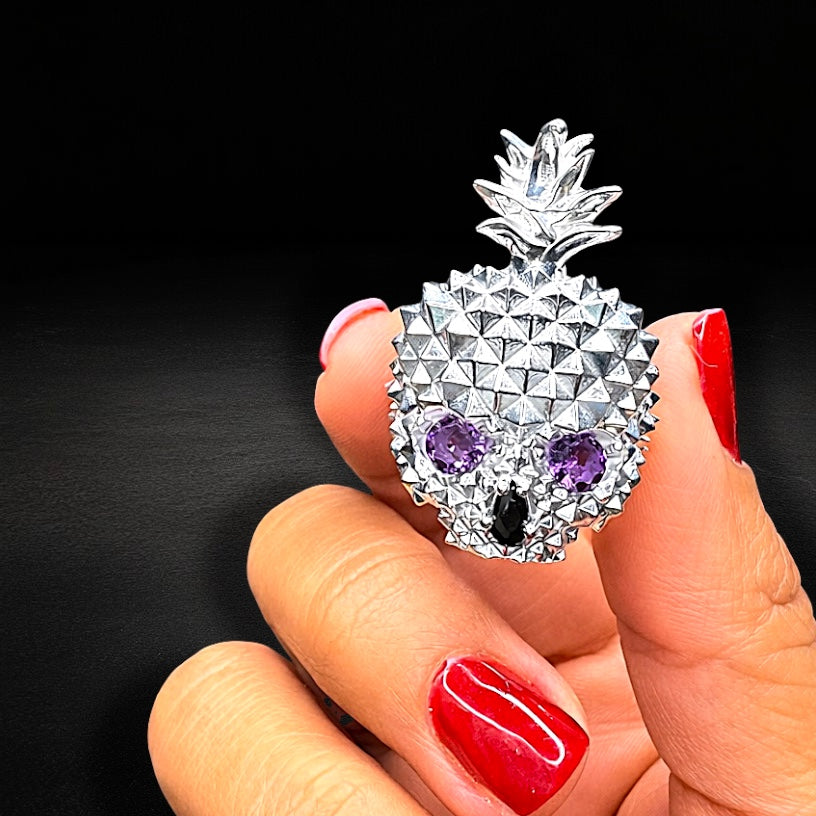 Anillo Piña Calavera Morada Plata 925