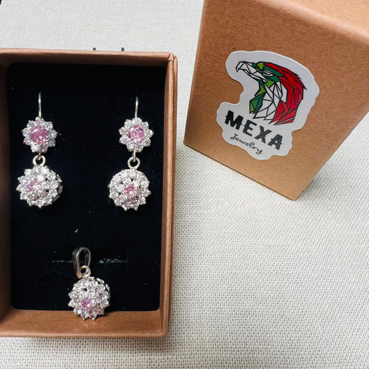 Set Aretes & Dije Flor-SETS DAMA-MEXA JEWELRY-[PLATA925]-[Platamexicana]-[Joyeriamexicana]-MEXA JEWELRY