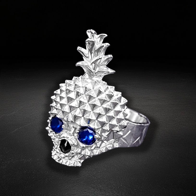 Anillo Piña Calavera Azul Plata 925
