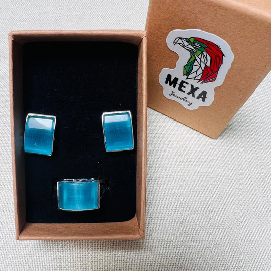 Set Aretes & Anillo Azul-SETS DAMA-MEXA JEWELRY-[PLATA925]-[Platamexicana]-[Joyeriamexicana]-MEXA JEWELRY