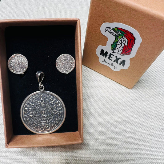 Set Aretes & Dije Calendario Azteca-SETS DAMA-MEXA JEWELRY-[PLATA925]-[Platamexicana]-[Joyeriamexicana]-MEXA JEWELRY