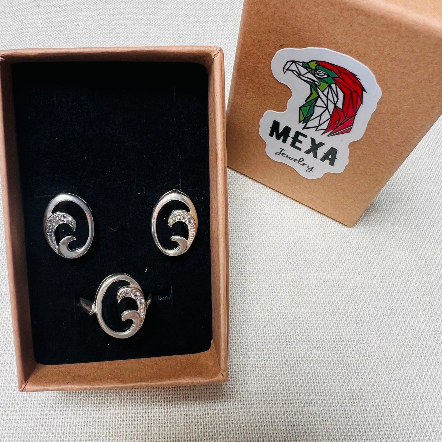 Set Aretes & Anillo Negro-SETS DAMA-MEXA JEWELRY-[PLATA925]-[Platamexicana]-[Joyeriamexicana]-MEXA JEWELRY