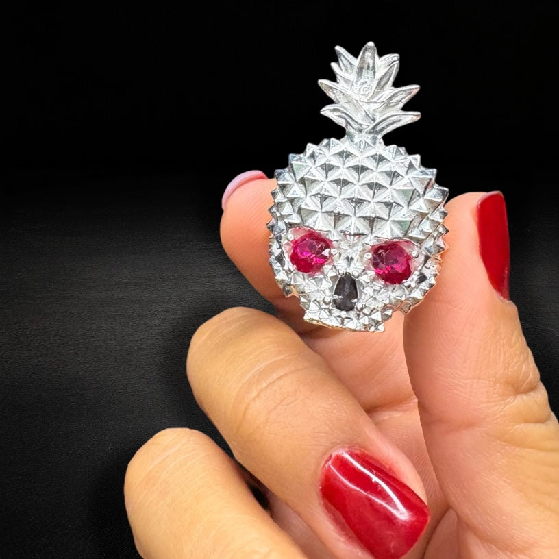 Anillo Piña Calavera Roja Plata 925