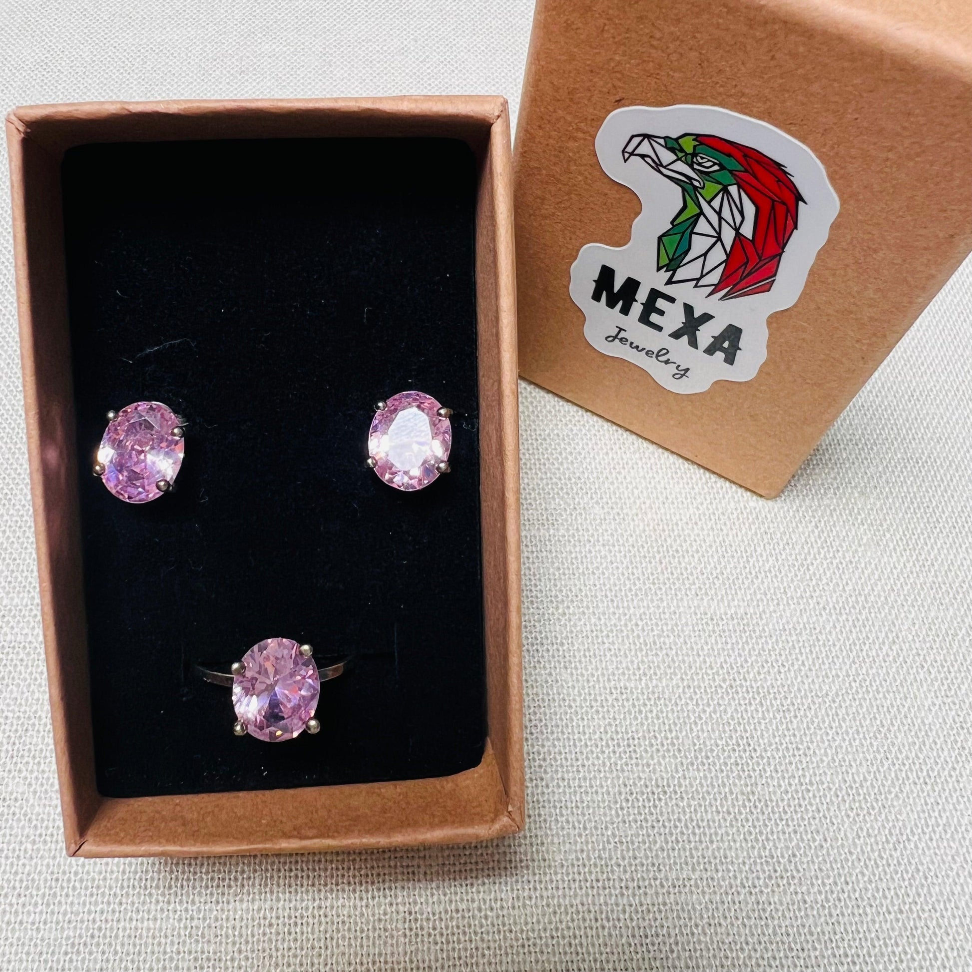 Set Aretes & Anillo Rosa-SETS DAMA-MEXA JEWELRY-[PLATA925]-[Platamexicana]-[Joyeriamexicana]-MEXA JEWELRY