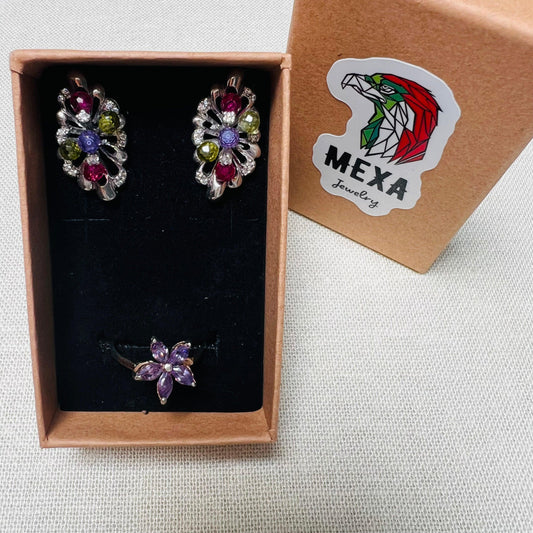 Set Aretes & Anillo Flor Colores-SETS DAMA-MEXA JEWELRY-[PLATA925]-[Platamexicana]-[Joyeriamexicana]-MEXA JEWELRY