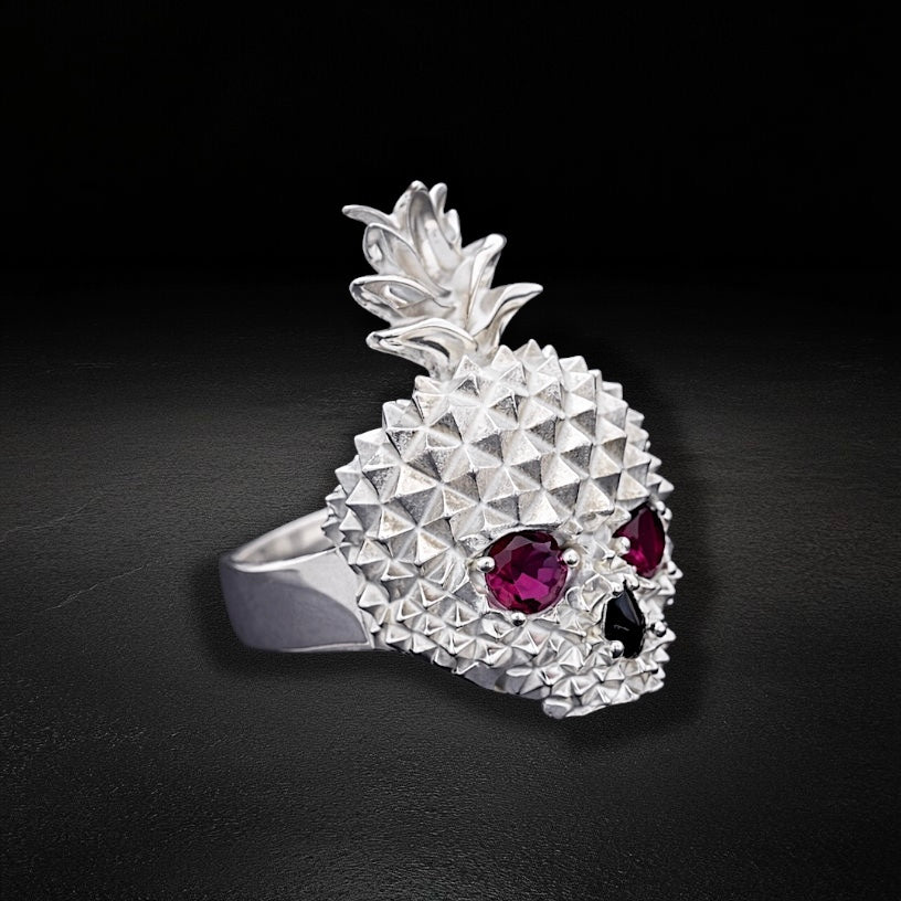 Anillo Piña Calavera Roja Plata 925