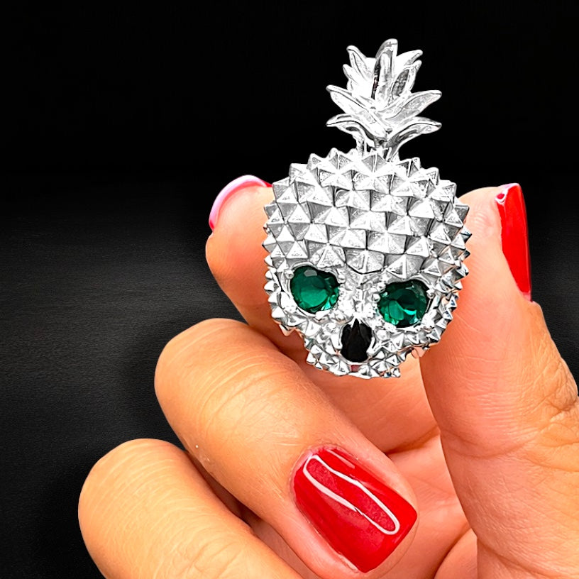 Anillo Piña Calavera Verde Plata 925