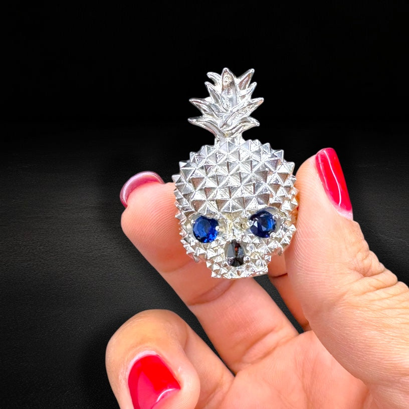 Anillo Piña Calavera Azul Plata 925