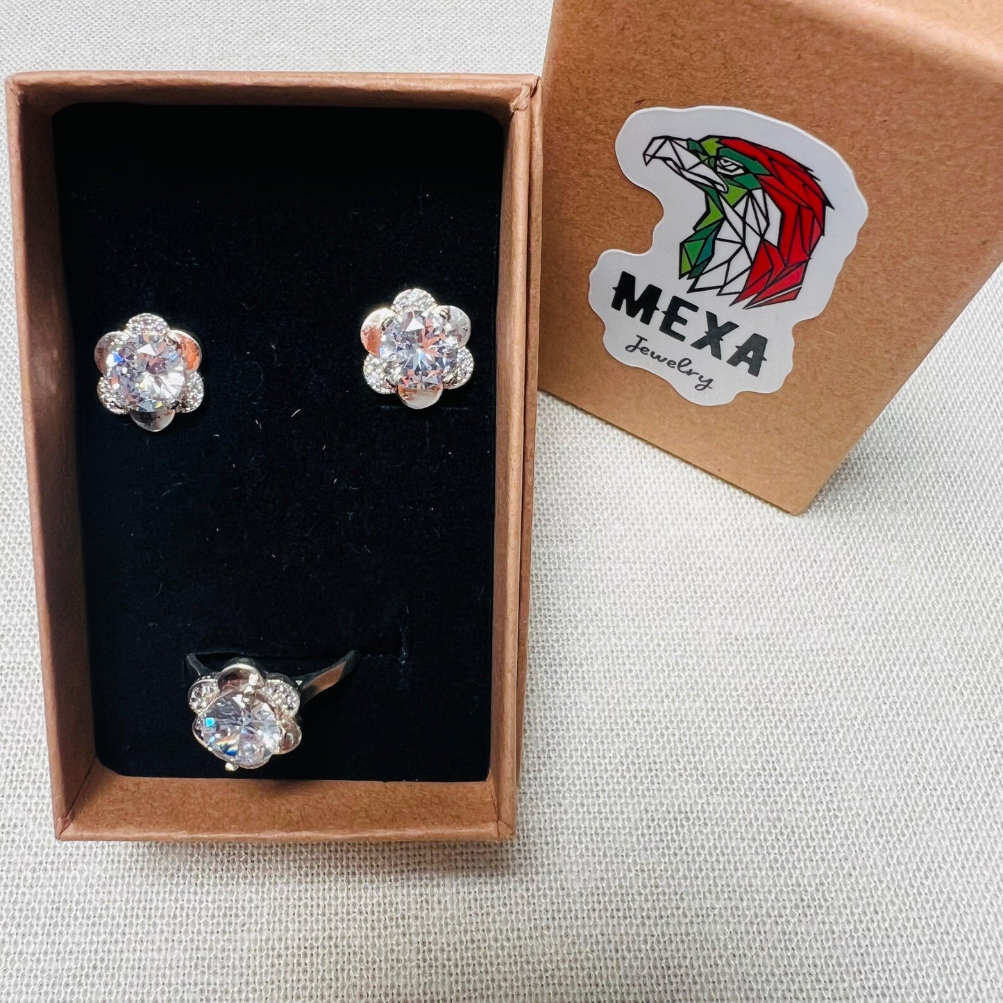 Set Aretes & Anillo Flor-SETS DAMA-MEXA JEWELRY-[PLATA925]-[Platamexicana]-[Joyeriamexicana]-MEXA JEWELRY