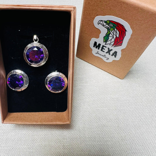 Set Aretes & Dije Morado-SETS DAMA-MEXA JEWELRY-[PLATA925]-[Platamexicana]-[Joyeriamexicana]-MEXA JEWELRY