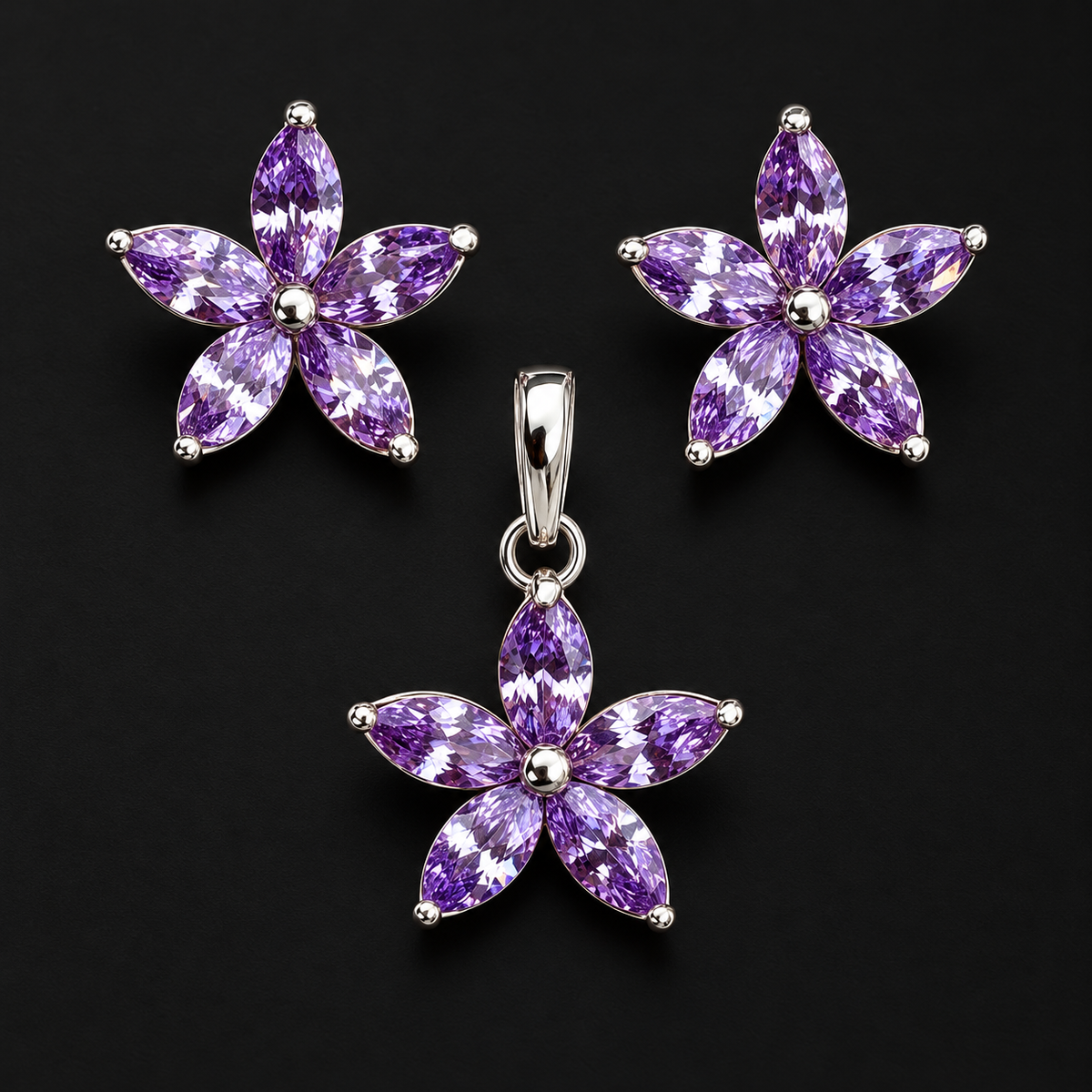 Set de Flor con Piedras Lilas en Plata 925