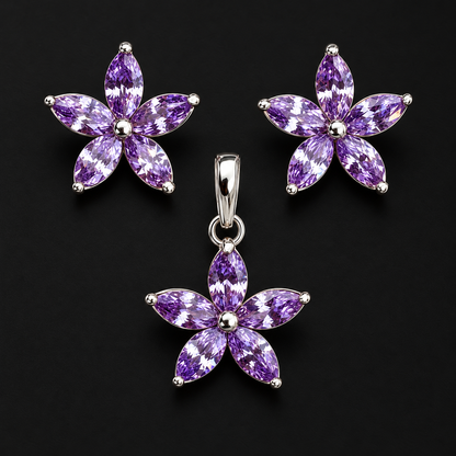 Set de Flor con Piedras Lilas en Plata 925
