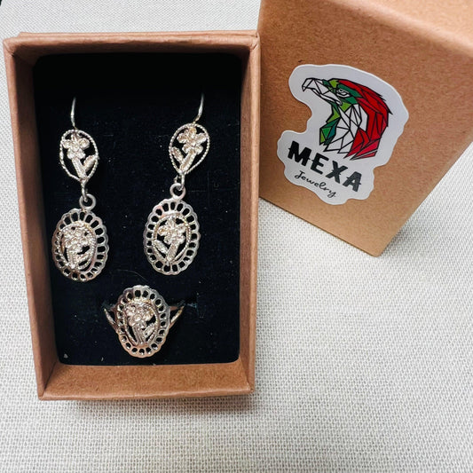 Set Aretes & Anillo Flor-SETS DAMA-MEXA JEWELRY-[PLATA925]-[Platamexicana]-[Joyeriamexicana]-MEXA JEWELRY