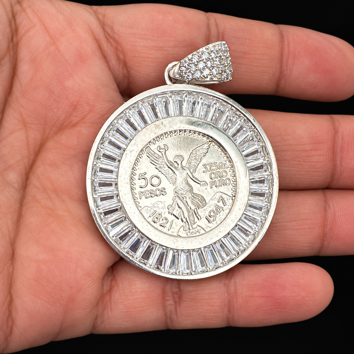 Centenario Coin Pendant CZ Baguette 925 Silver