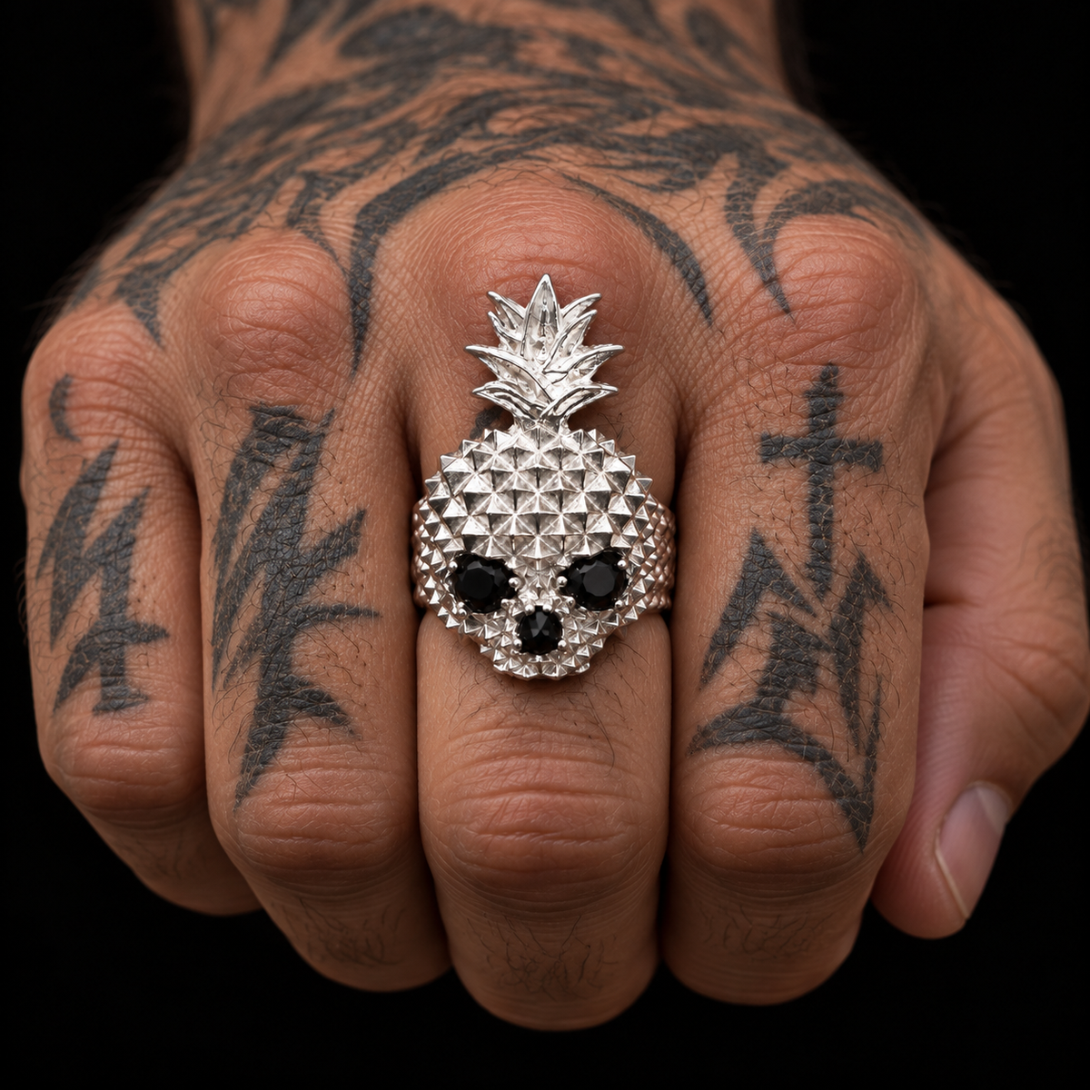 Anillo Piña Calavera Negro Plata 925