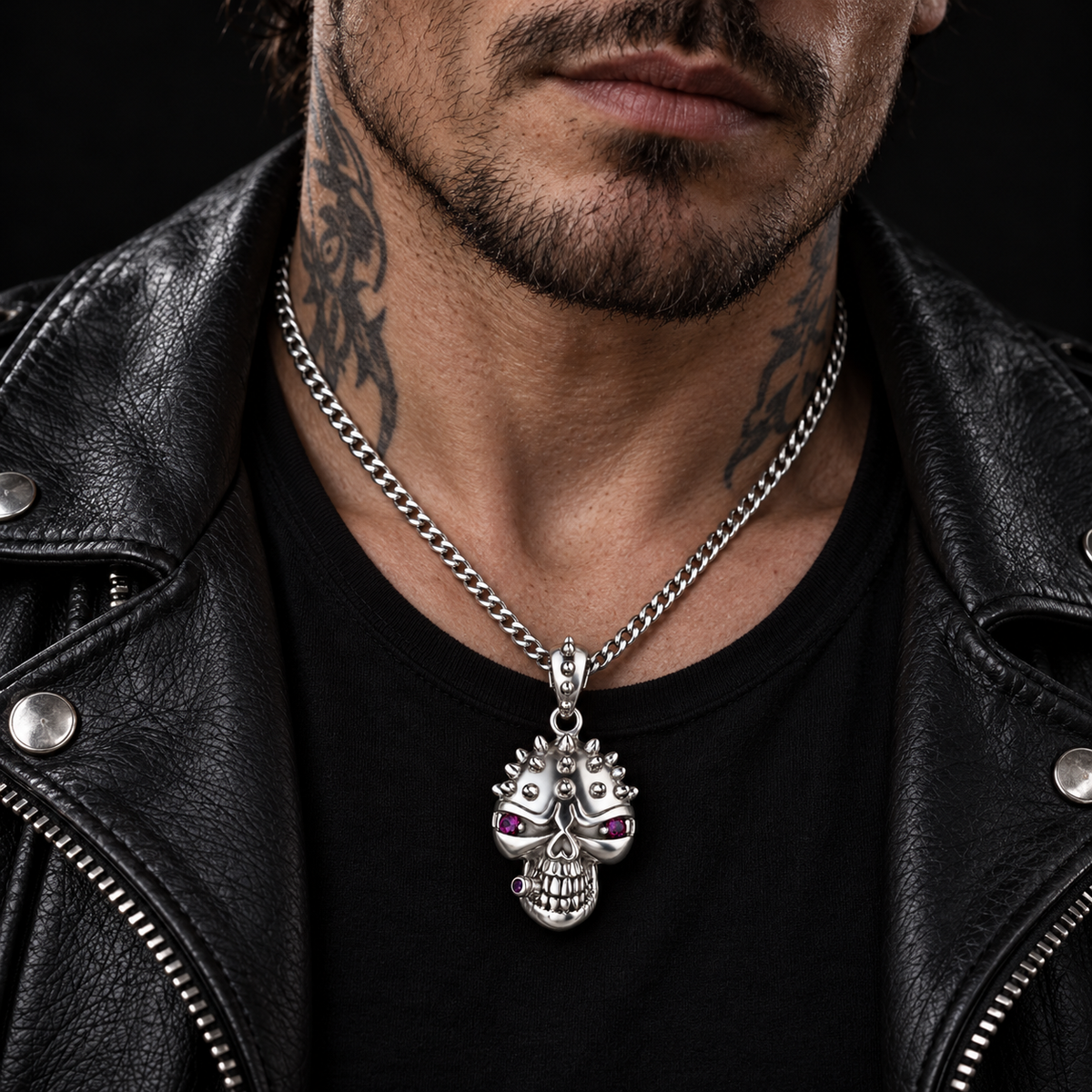 Dije Calavera Punk Piedras Rojas Plata 925