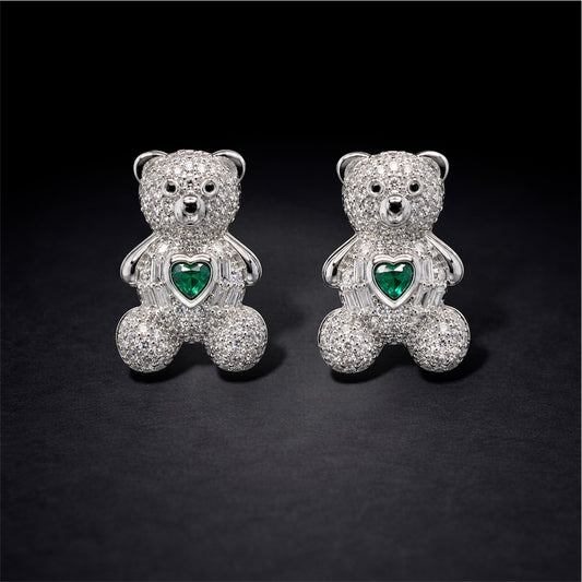 Aretes Osito CZ Corazón Verde
