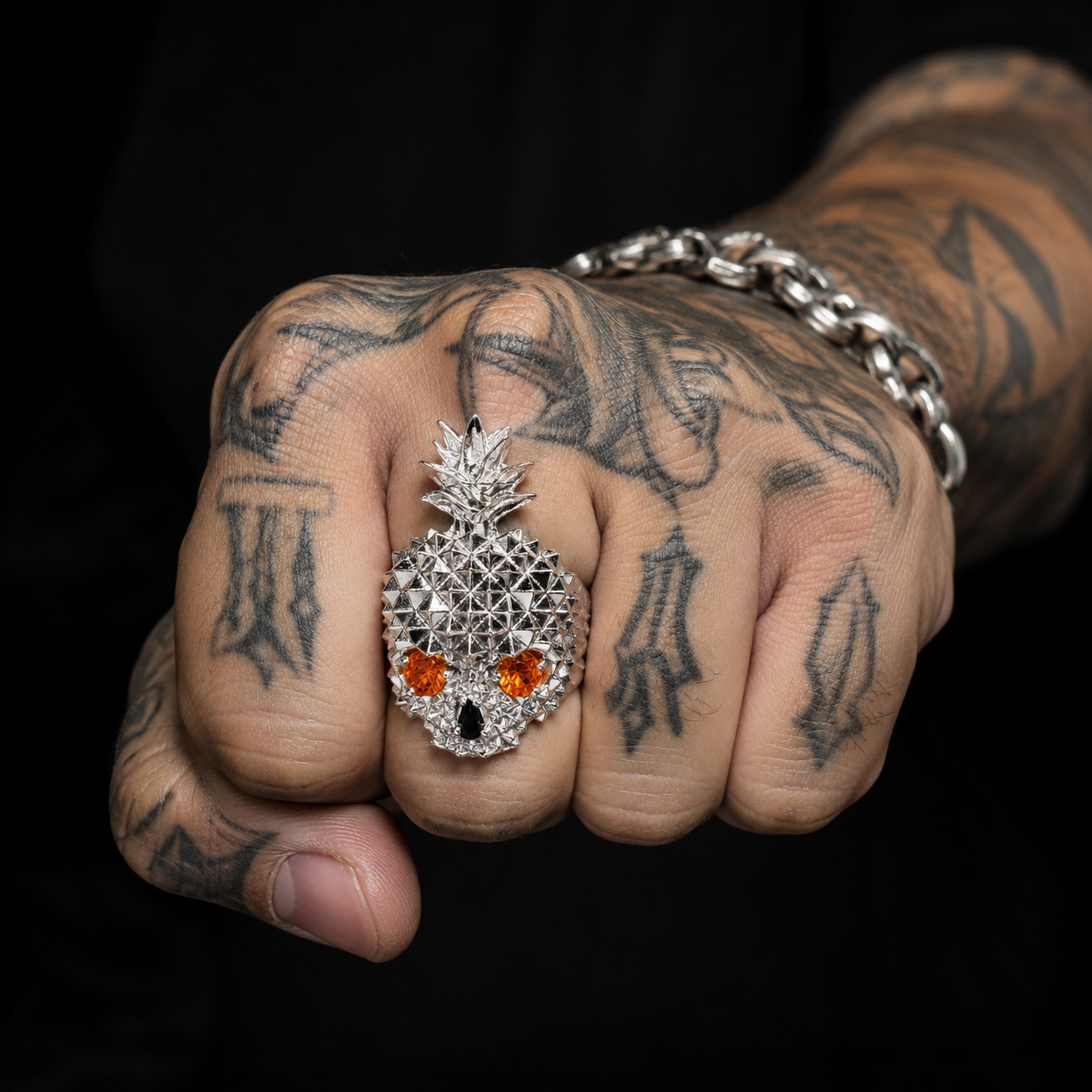 Orange Skull Pineapple Ring 925 Silver