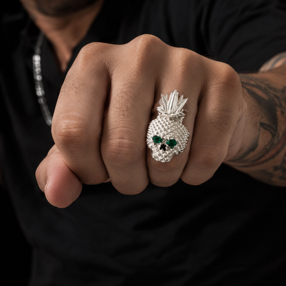 Sterling Silver Green CZ Skull Pineapple Ring