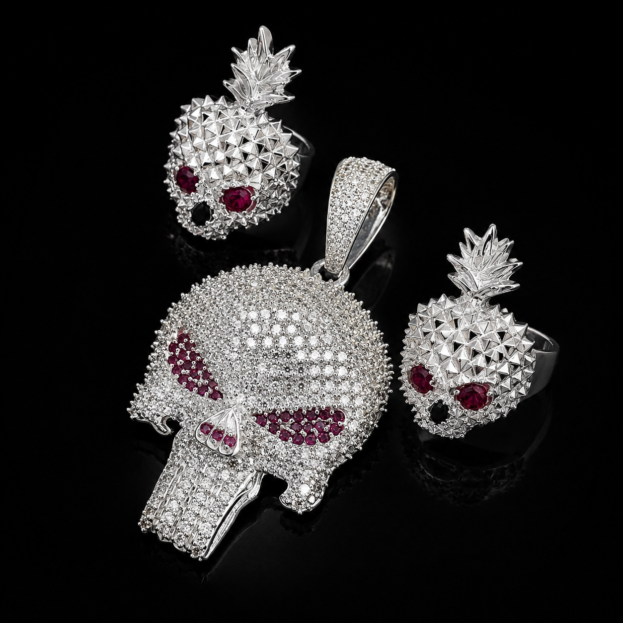 Pineapple Skull Red Ring 925 Sterling Silver