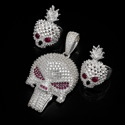 Pineapple Skull Red Ring 925 Sterling Silver