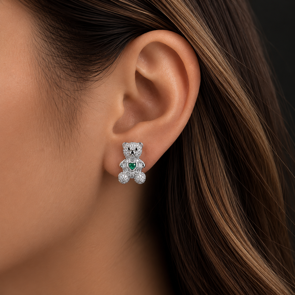 Heart Bear CZ Earrings 925 Sterling Silver