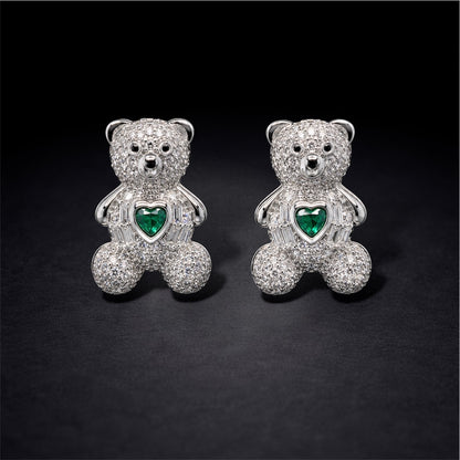 Heart Bear CZ Earrings 925 Sterling Silver