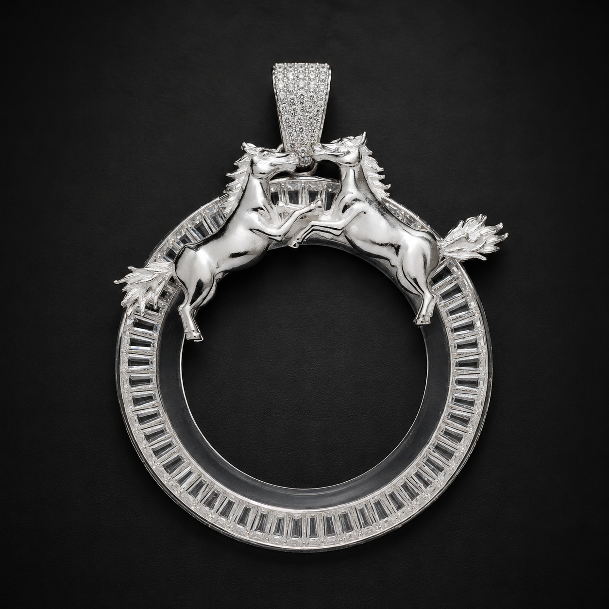 Pendant Bezel Ounce CZ Baguette Horses Silver 925