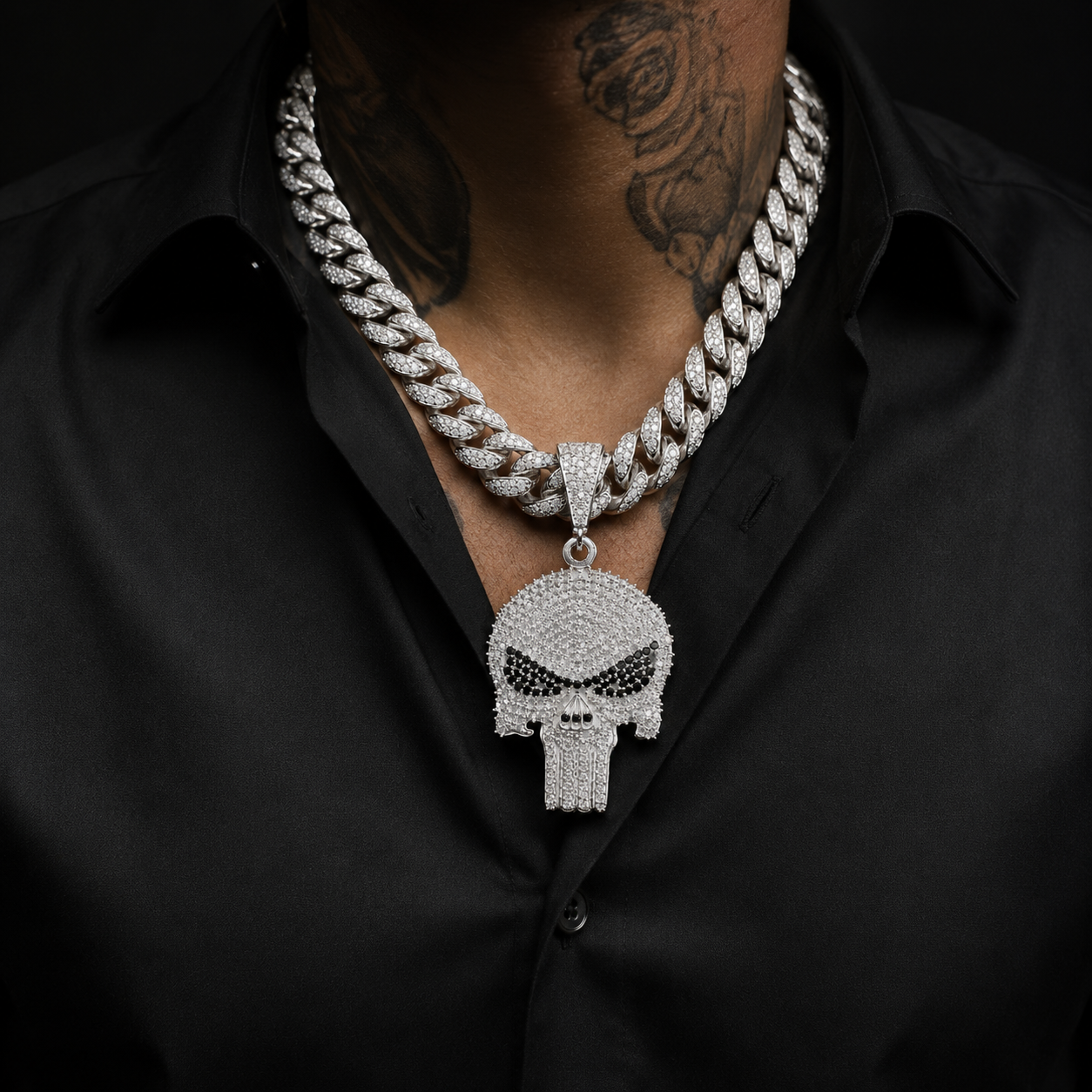Dije Calavera Estilo Punisher Negro Plata 925