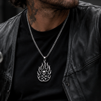 Skull with Flames Pendant 925 Sterling Silver
