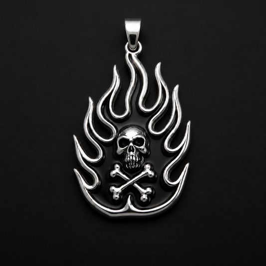 Skull with Flames Pendant 925 Sterling Silver
