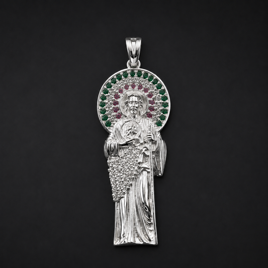 St Jude Green Red Zircoin Pendant 925 Sterling Silver