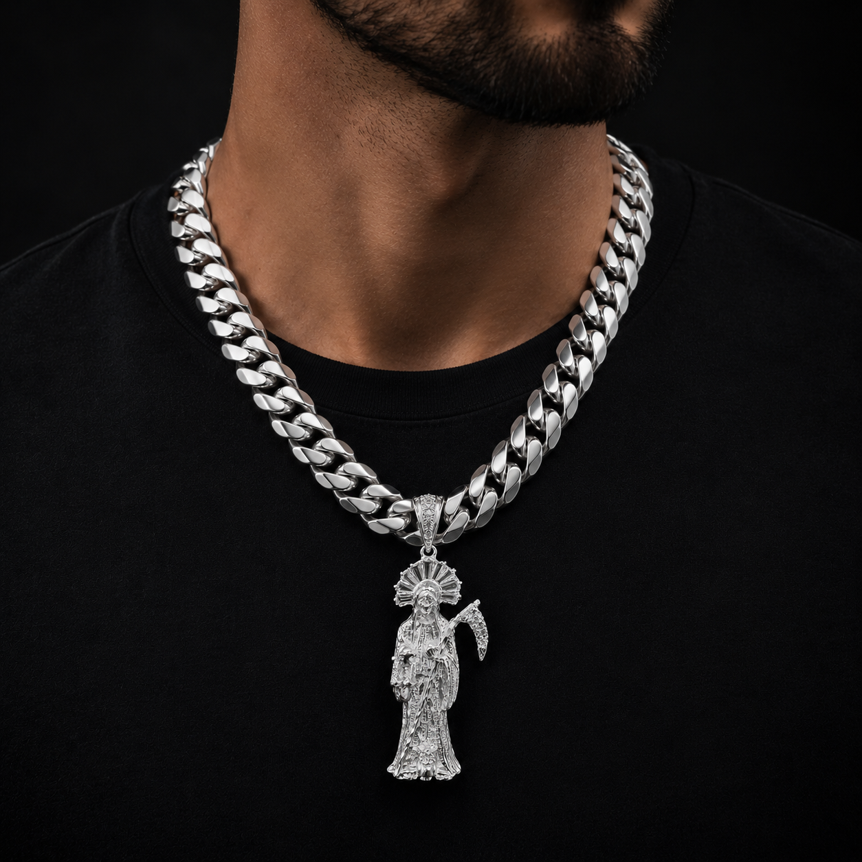 Santa Muerte CZ Sterling Silver Pendant