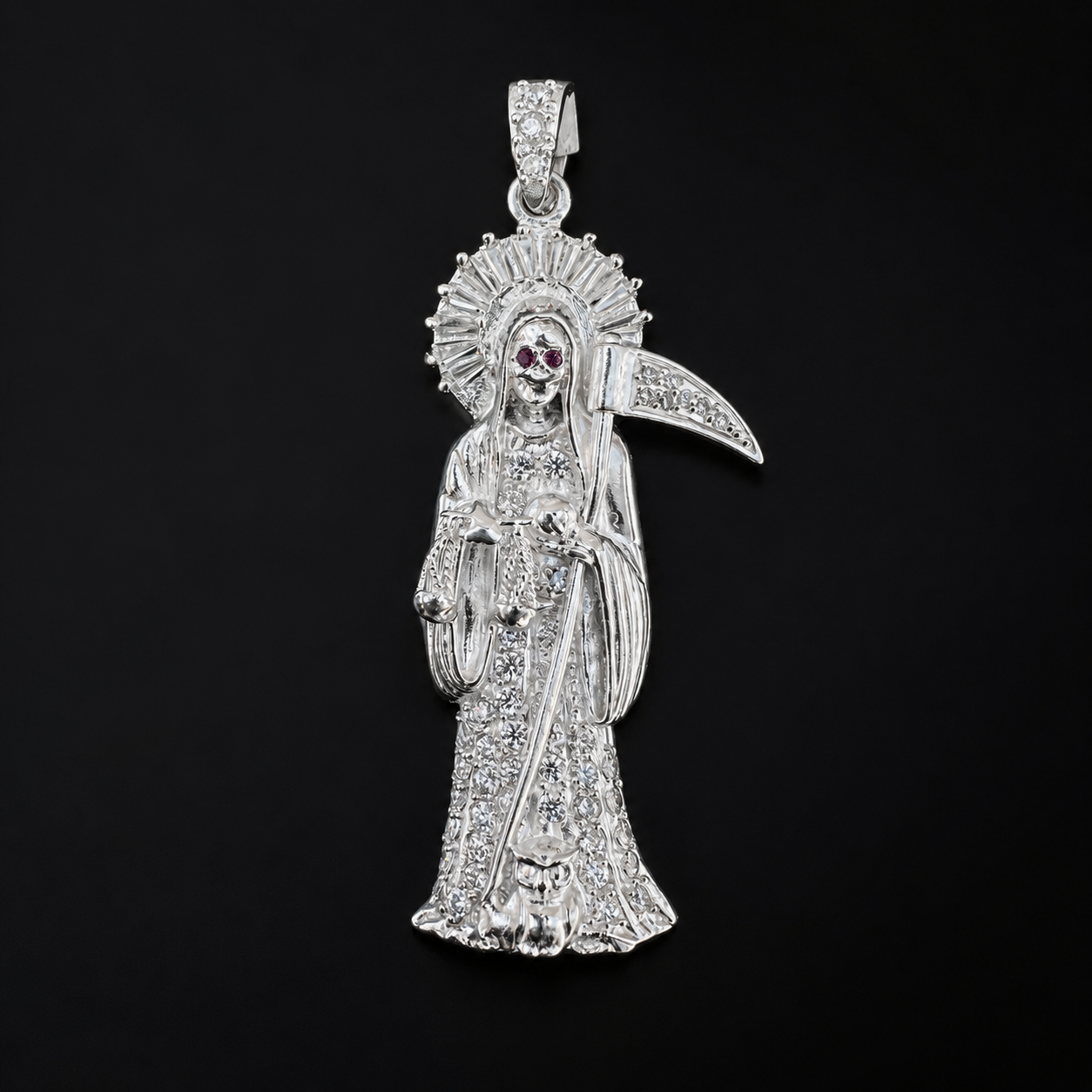 Santa Muerte Red CZ 925 Silver Pendant