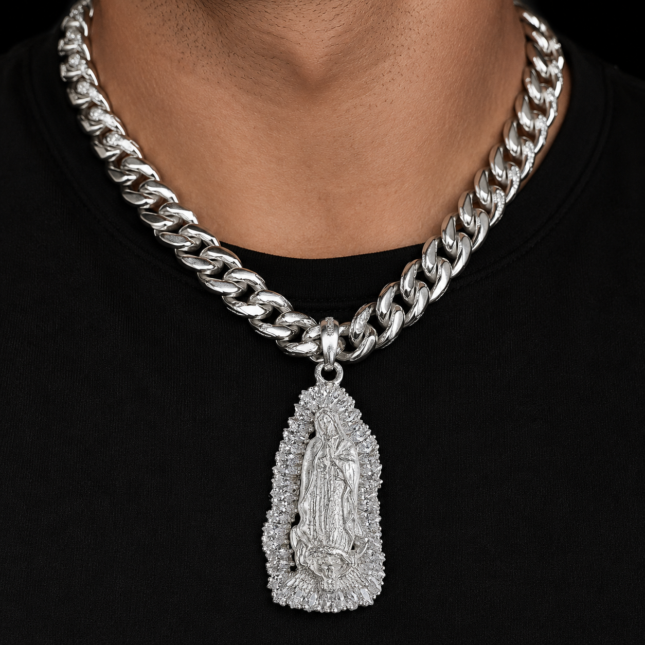 Virgin of Guadalupe Pendant Zirconia 3” 925 Mexican Silver