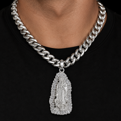 Virgin of Guadalupe Pendant Zirconia 3” 925 Mexican Silver