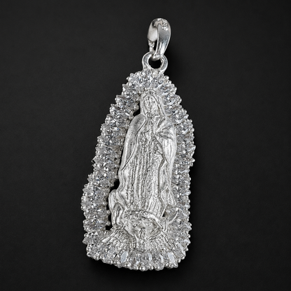 Virgin of Guadalupe Pendant Zirconia 3” 925 Mexican Silver