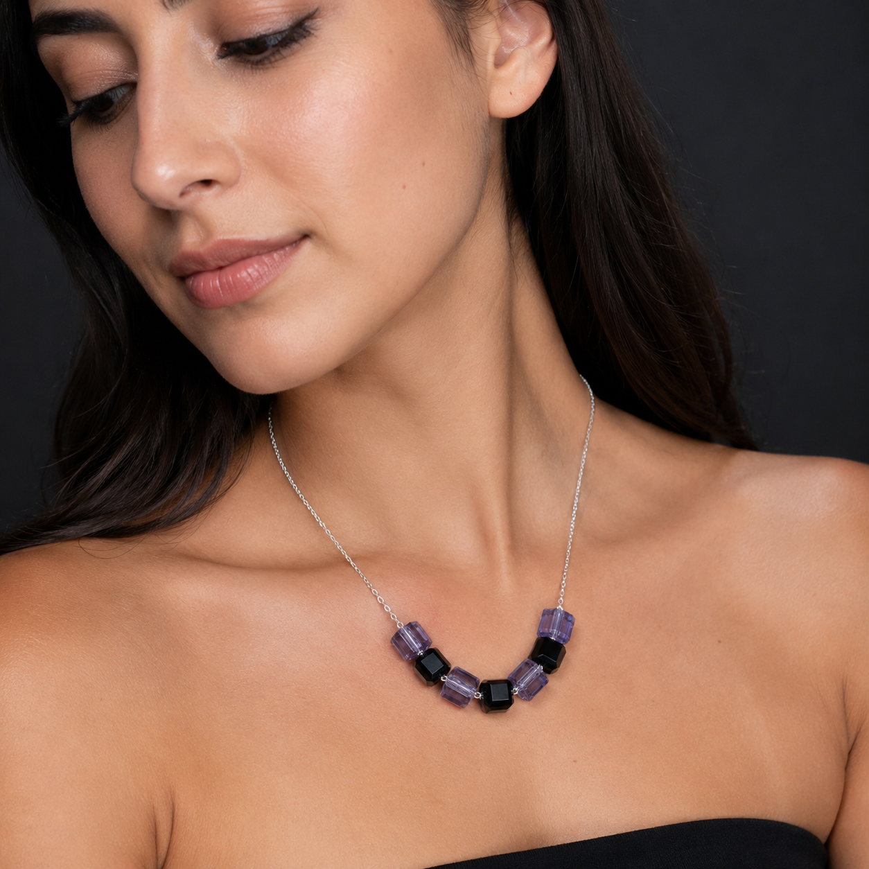 Necklace Black Violet Cubes Sterling Silver 925