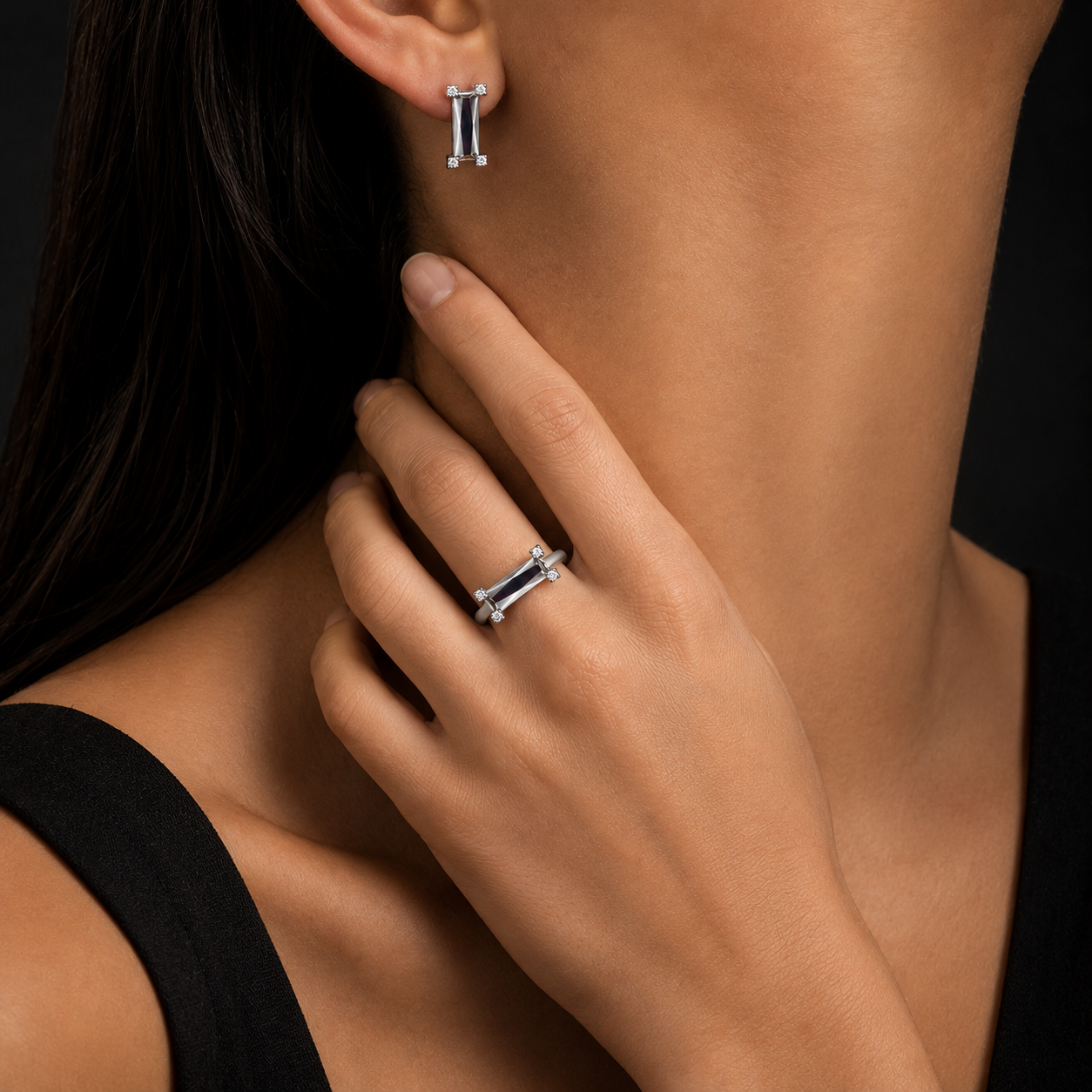 Sterling Silver Black Rectangular Set